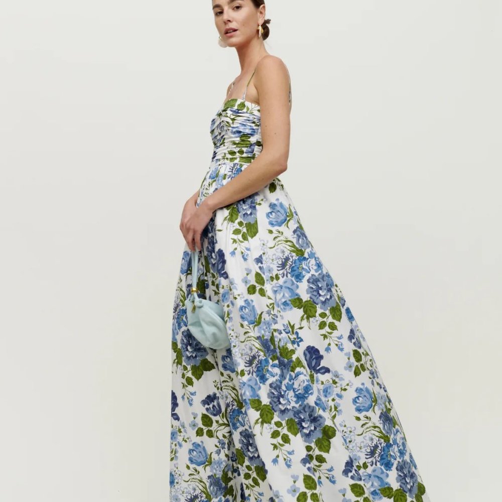 Reformation White Maxi Dress with Blue & Green Floral Print